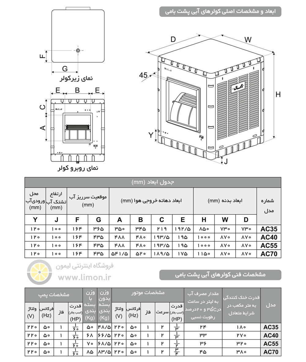 ابعاد و مشخصات فنی کولرهای آبی پشت بامی آبسال